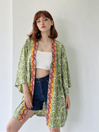 Retrobird Kadın Pamuklu Kumaş Kuşaklı Kimono
