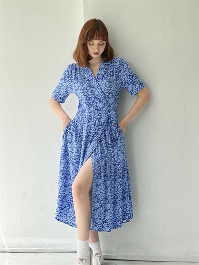 Lady Viscose Fabric Women Blue Double Breasted Midi Dress