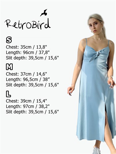 Retrobird Mavi Renkli Saten Kumaş Lastikli Kadın Nancy Bağlamalı Midi Elbise